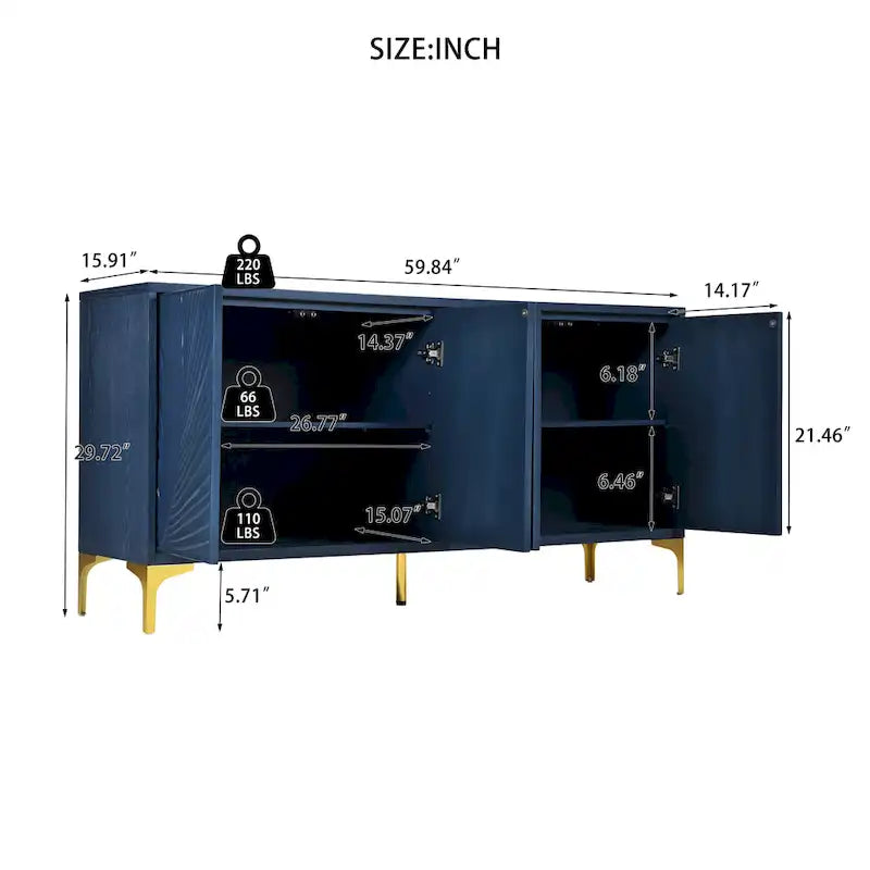Meuble de rangement multifonctionnel, Buffet à quatre portes avec texture unique, Étagères réglables