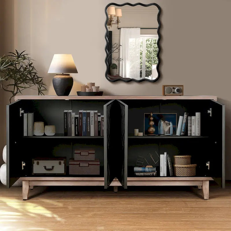Mid Century Sideboard Buffet Cabinet with Solid Wood Legs 60 Kitchen Storage Cabinet Credenza with 4 Doors and 2 Shelves