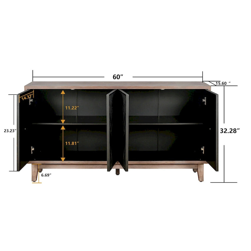 Bahut Buffet Mid-Century avec Pieds en Bois Massif, Meuble de Rangement de Cuisine de 60 po, Credenza avec 4 Portes et 2 Étagères