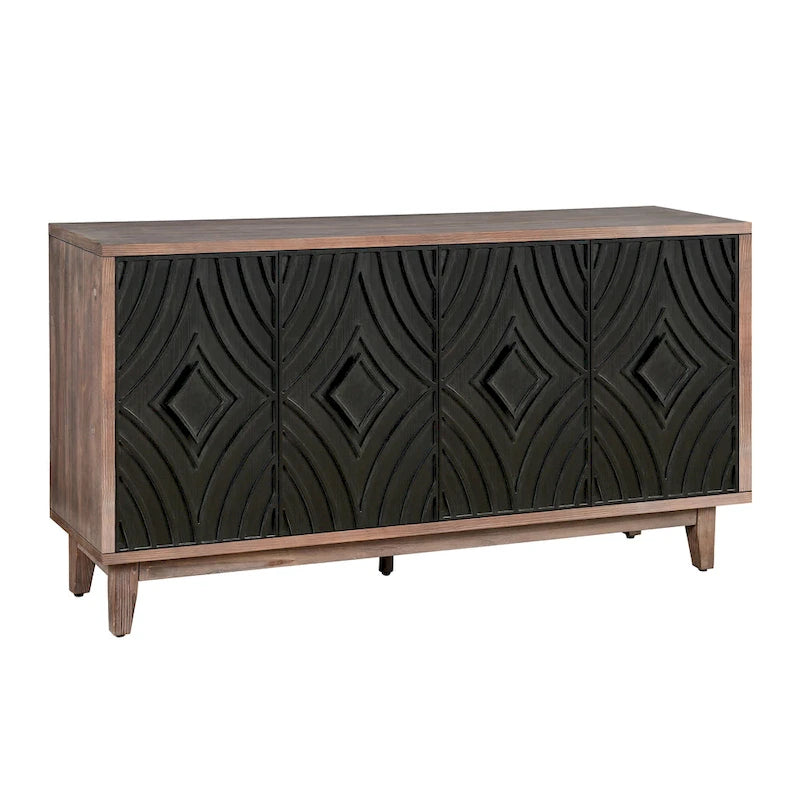 Bahut Buffet Mid-Century avec Pieds en Bois Massif, Meuble de Rangement de Cuisine de 60 po, Credenza avec 4 Portes et 2 Étagères