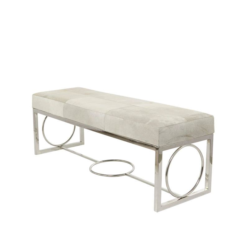 Banc fait main en cuir de vachette avec base argentée à découpes géométriques - Beige - 18L x 48P x 17H