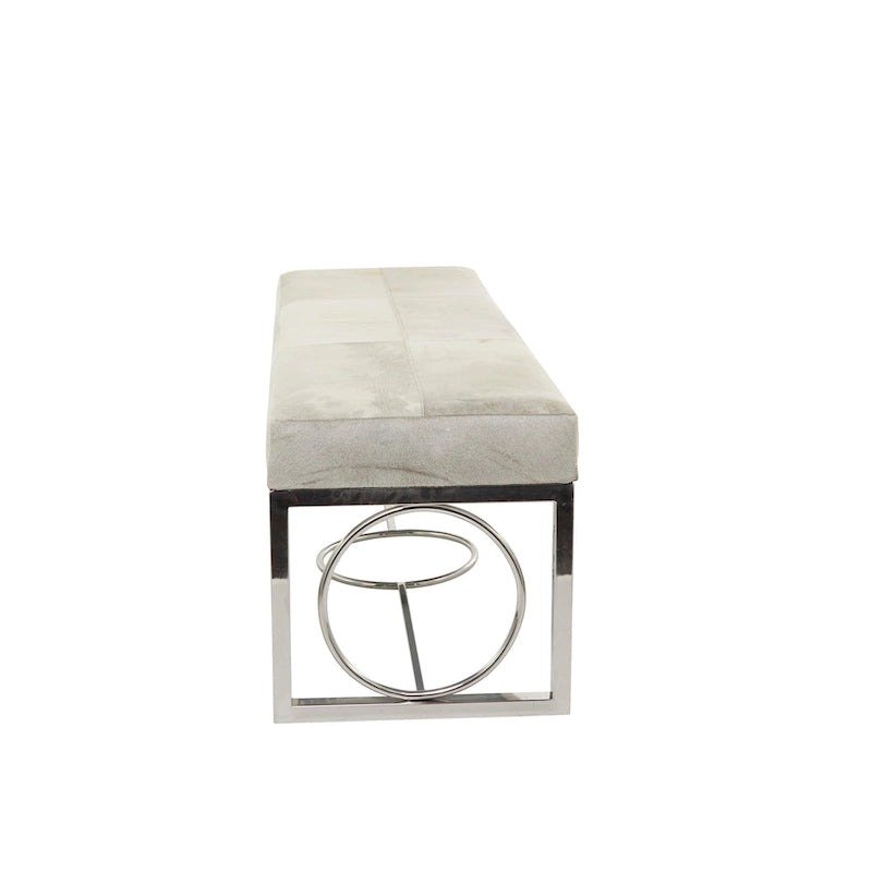 Banc fait main en cuir de vachette avec base argentée à découpes géométriques - Beige - 18L x 48P x 17H