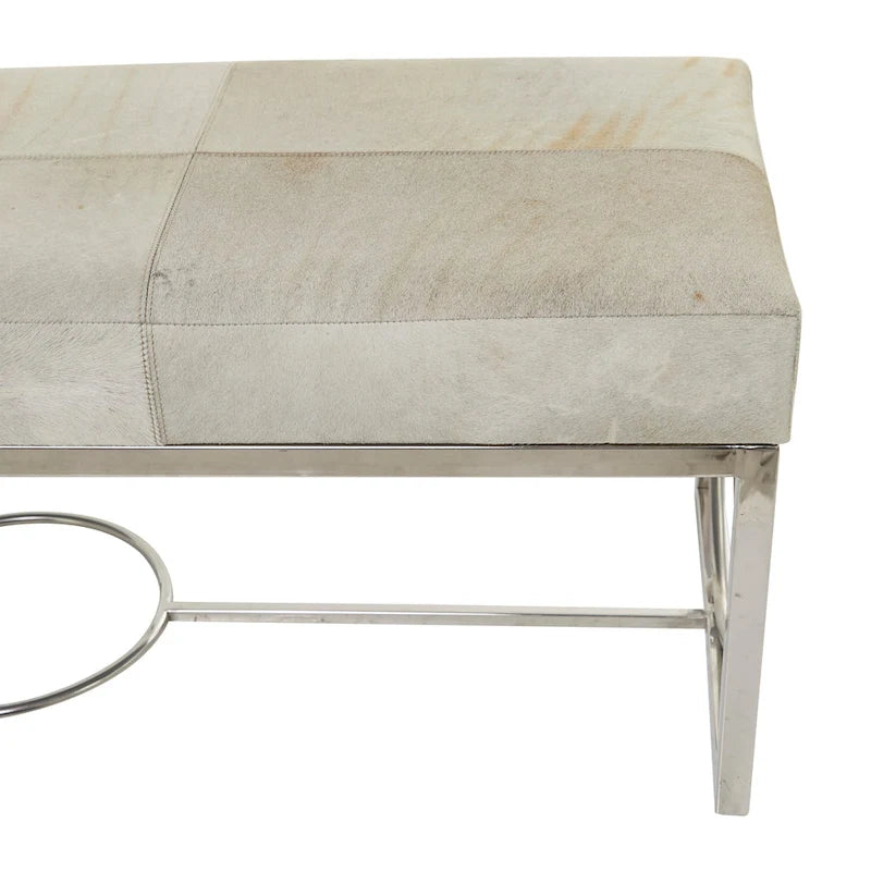 Banc fait main en cuir de vachette avec base argentée à découpes géométriques - Beige - 18L x 48P x 17H