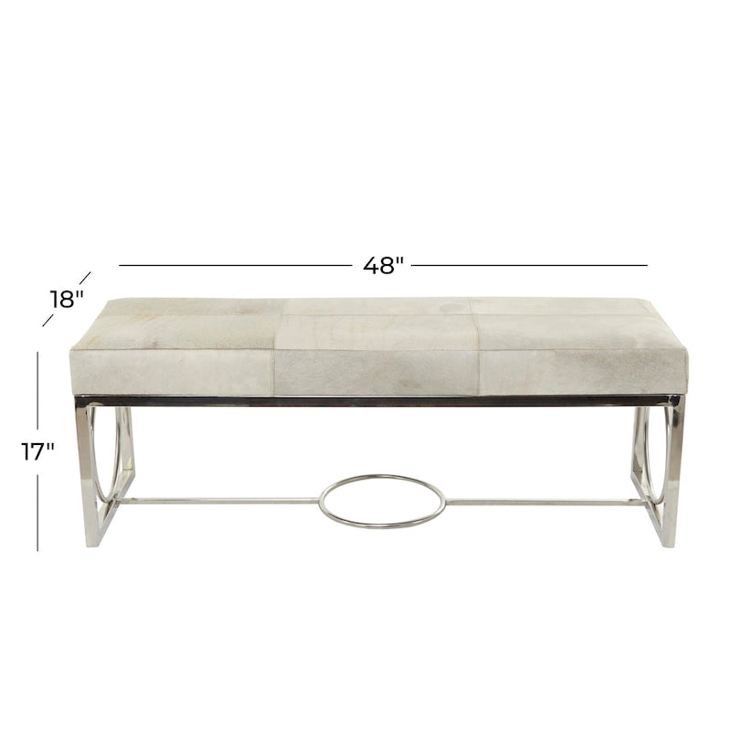 Banc fait main en cuir de vachette avec base argentée à découpes géométriques - Beige - 18L x 48P x 17H