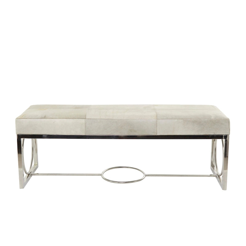 Banc fait main en cuir de vachette avec base argentée à découpes géométriques - Beige - 18L x 48P x 17H