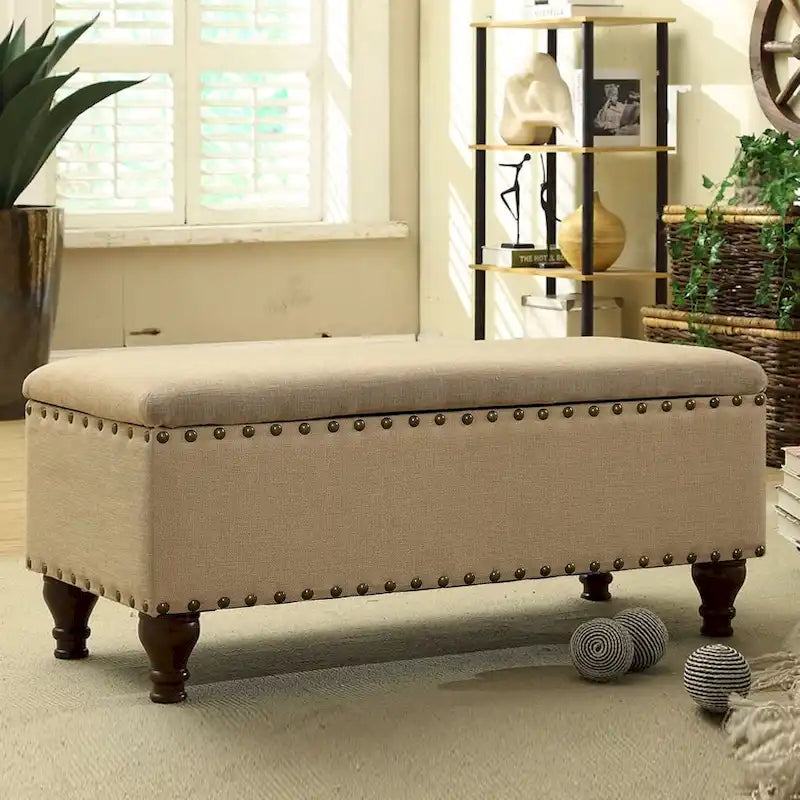 Banc de rangement capitonné en lin vanille
