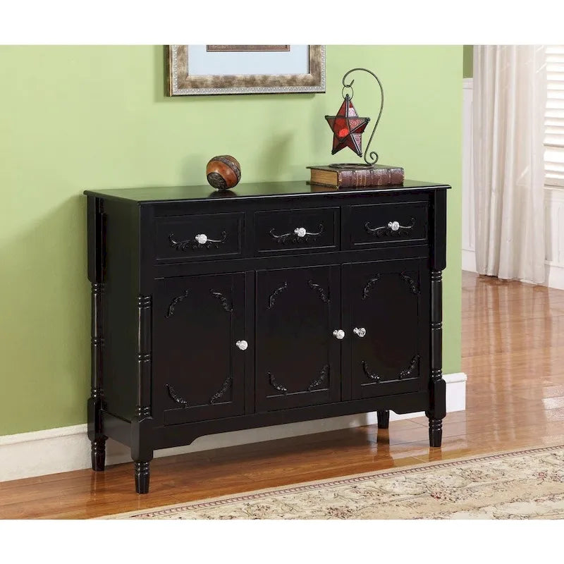 Table Console Buffet en Bois Massif Fini Noir avec Tiroirs de Rangement