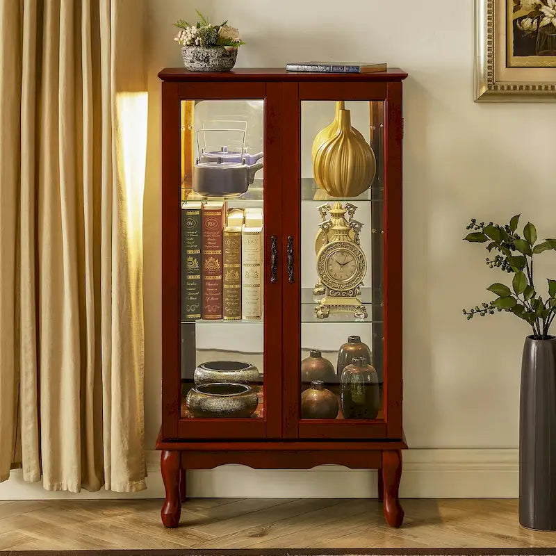 Vitrine lumineuse, vitrine avec étagères réglables et panneau arrière en miroir, portes en verre trempé