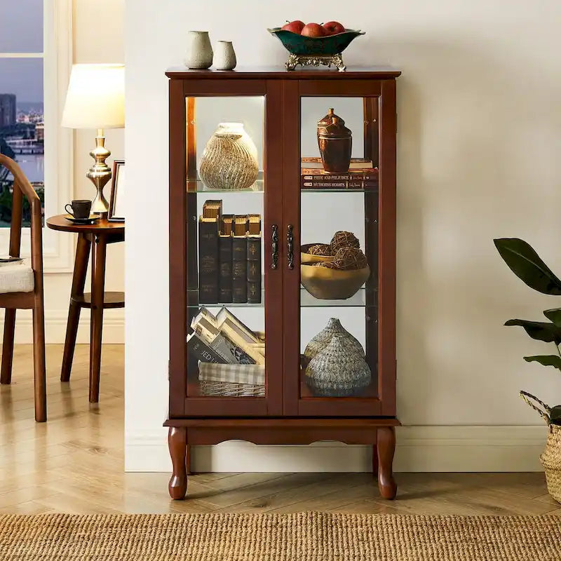 Vitrine lumineuse, vitrine avec étagères réglables et panneau arrière en miroir, portes en verre trempé