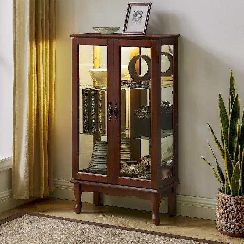Vitrine lumineuse, vitrine avec étagères réglables et panneau arrière en miroir, portes en verre trempé