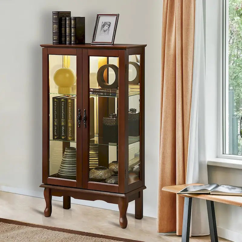 Vitrine lumineuse, vitrine avec étagères réglables et panneau arrière en miroir, portes en verre trempé