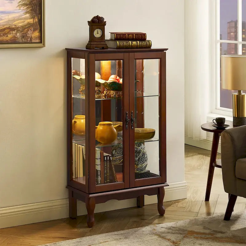 Vitrine lumineuse, vitrine avec étagères réglables et panneau arrière en miroir, portes en verre trempé