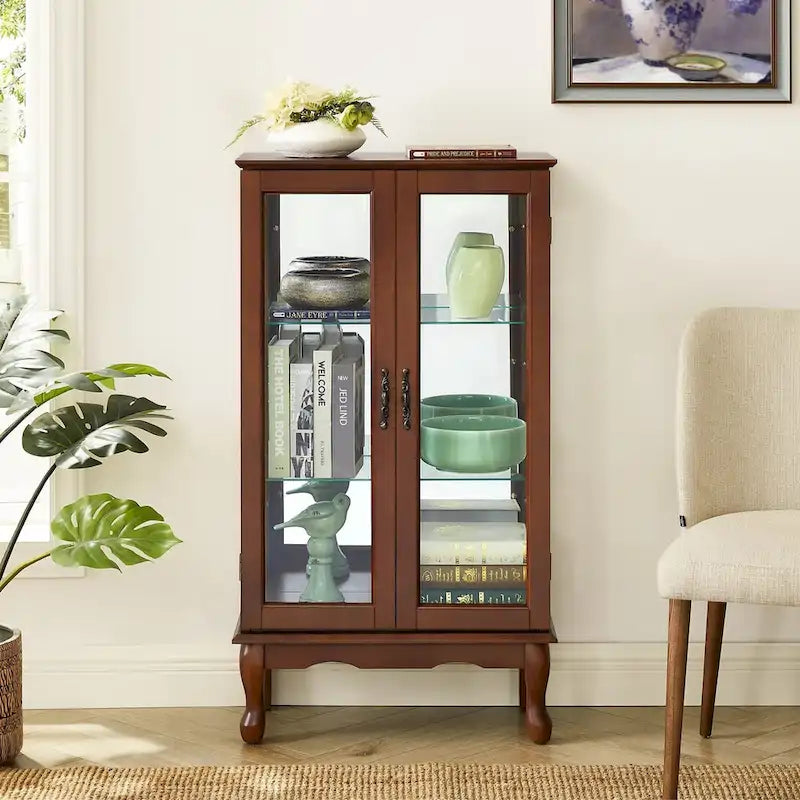 Vitrine lumineuse, vitrine avec étagères réglables et panneau arrière en miroir, portes en verre trempé