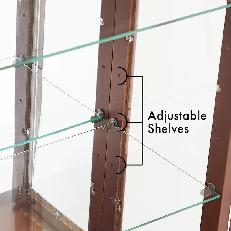 Vitrine lumineuse, vitrine avec étagères réglables et panneau arrière en miroir, portes en verre trempé