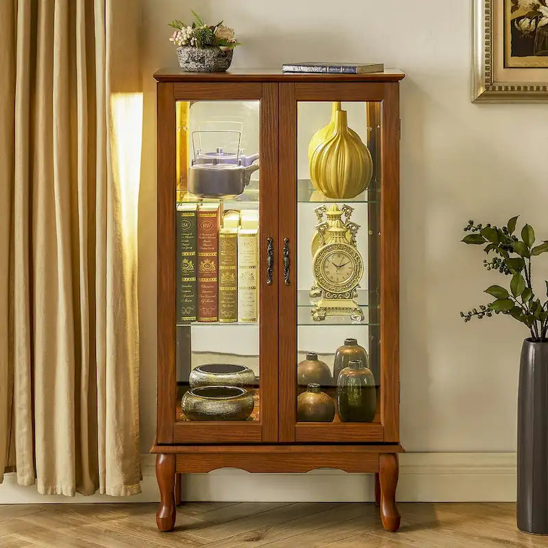 Vitrine lumineuse, vitrine avec étagères réglables et panneau arrière en miroir, portes en verre trempé