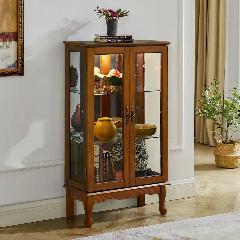 Vitrine lumineuse, vitrine avec étagères réglables et panneau arrière en miroir, portes en verre trempé