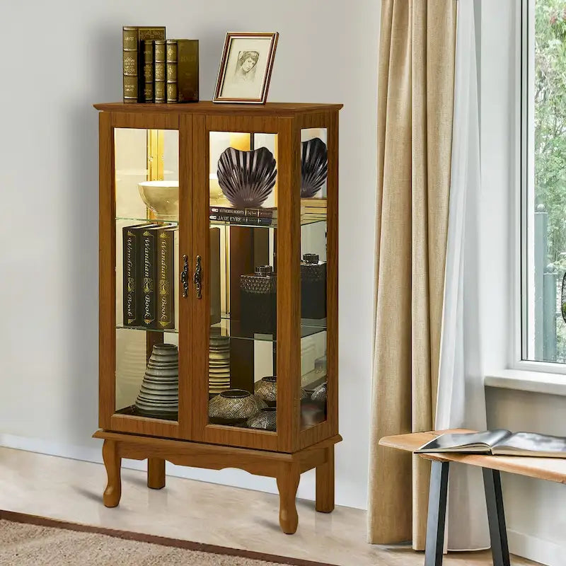 Vitrine lumineuse, vitrine avec étagères réglables et panneau arrière en miroir, portes en verre trempé