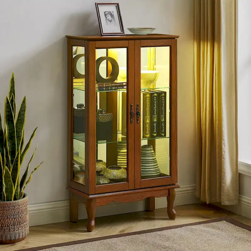 Vitrine lumineuse, vitrine avec étagères réglables et panneau arrière en miroir, portes en verre trempé