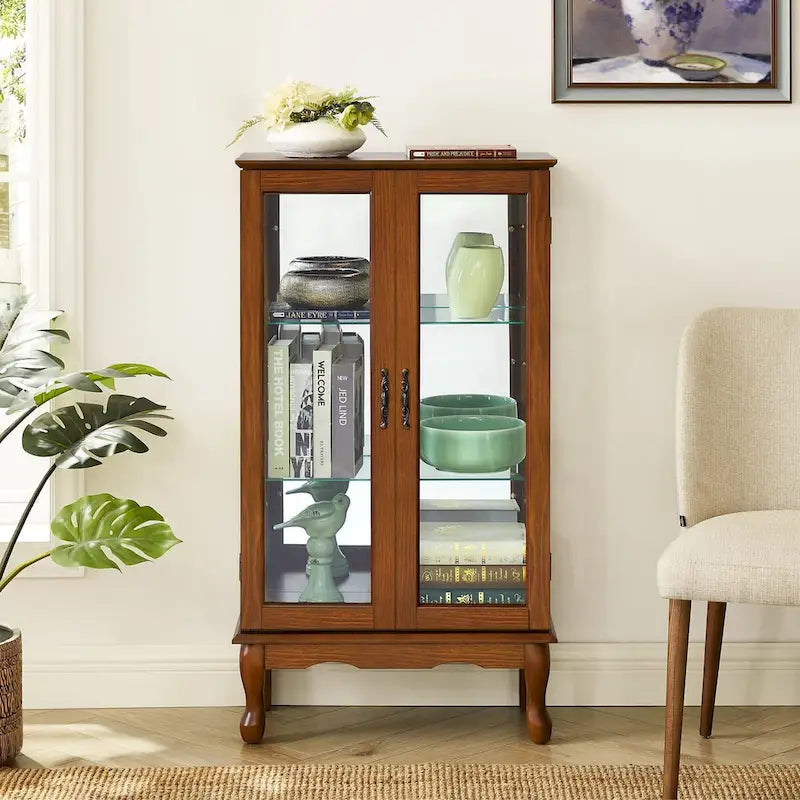 Vitrine lumineuse, vitrine avec étagères réglables et panneau arrière en miroir, portes en verre trempé