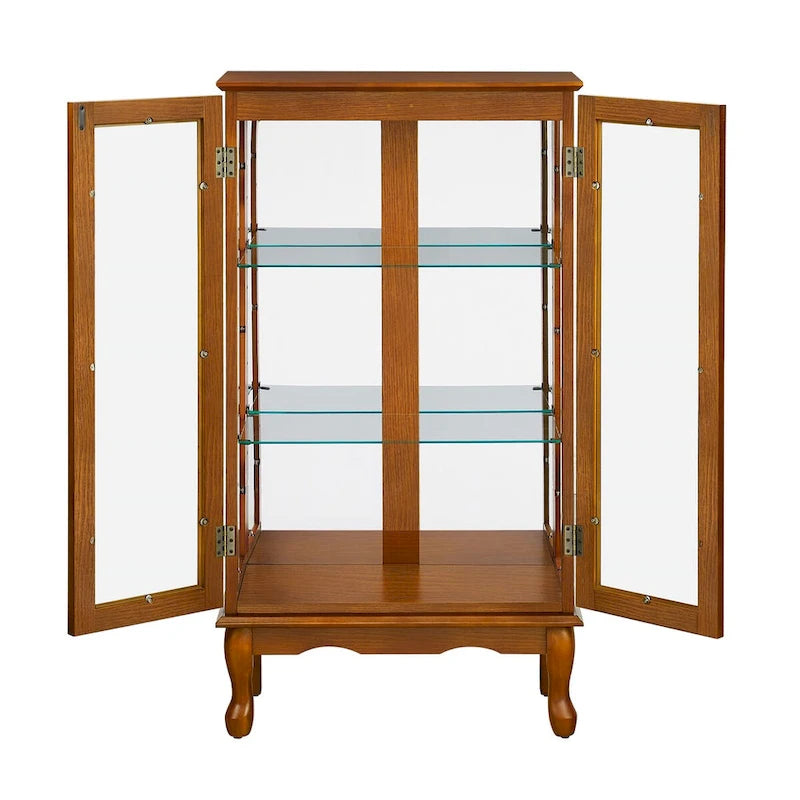Vitrine lumineuse, vitrine avec étagères réglables et panneau arrière en miroir, portes en verre trempé