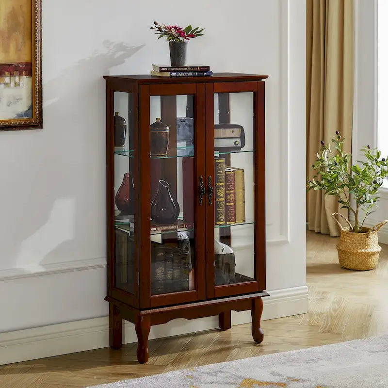 Vitrine lumineuse, vitrine avec étagères réglables et panneau arrière en miroir, portes en verre trempé