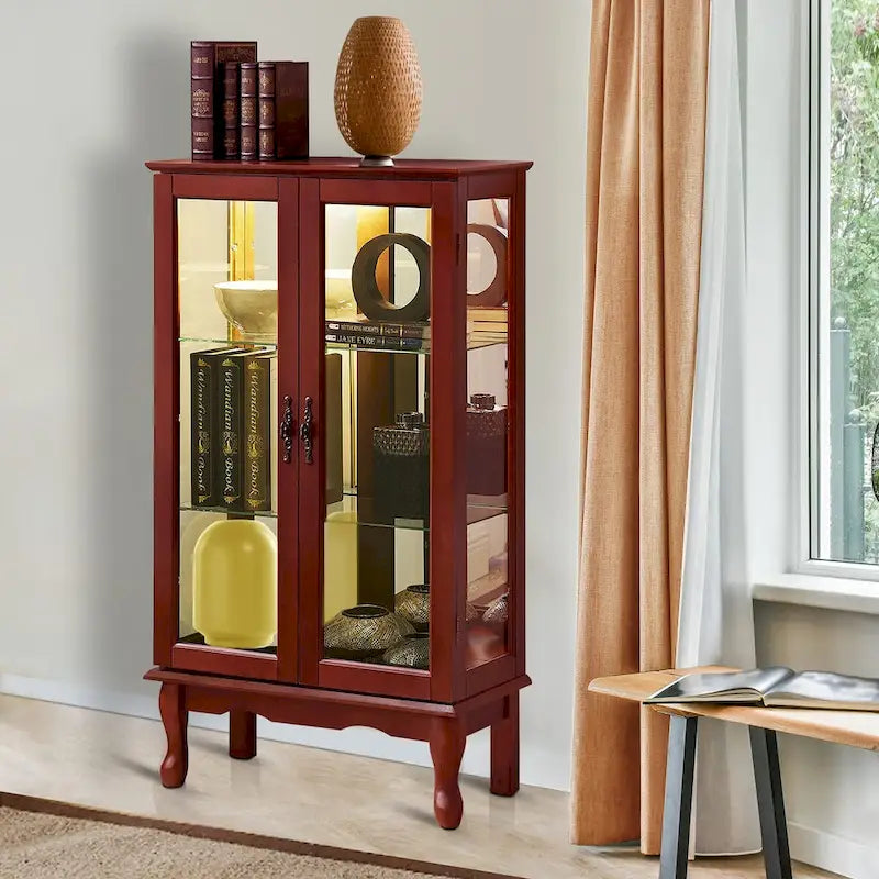 Vitrine lumineuse, vitrine avec étagères réglables et panneau arrière en miroir, portes en verre trempé