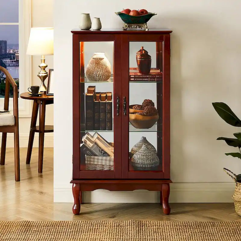 Vitrine lumineuse, vitrine avec étagères réglables et panneau arrière en miroir, portes en verre trempé