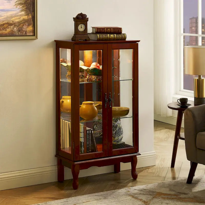 Vitrine lumineuse, vitrine avec étagères réglables et panneau arrière en miroir, portes en verre trempé