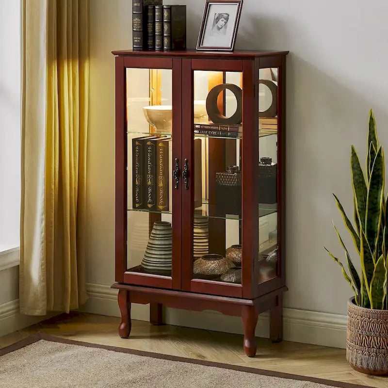 Vitrine lumineuse, vitrine avec étagères réglables et panneau arrière en miroir, portes en verre trempé