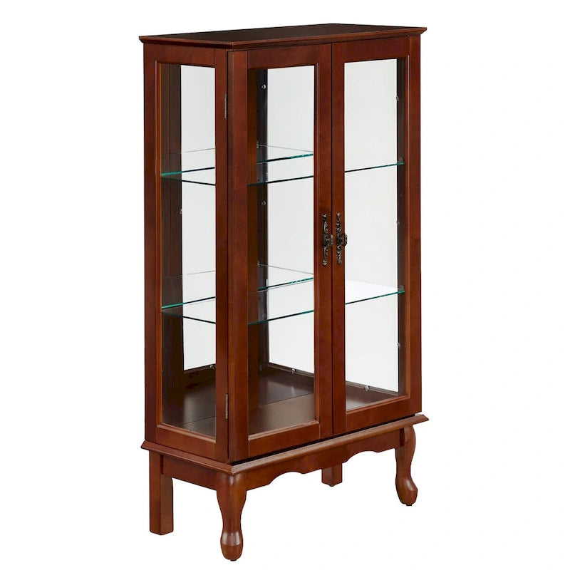 Vitrine lumineuse, vitrine avec étagères réglables et panneau arrière en miroir, portes en verre trempé
