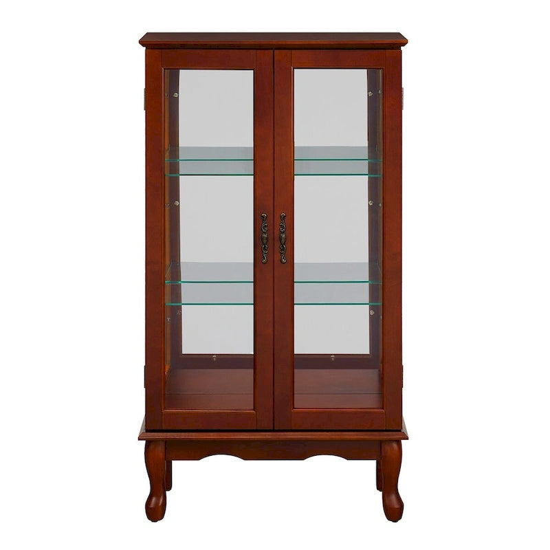 Vitrine lumineuse, vitrine avec étagères réglables et panneau arrière en miroir, portes en verre trempé