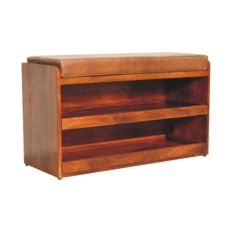 Banc de rangement pour chaussures en cuir de buffle marron, avec tiroir coulissant