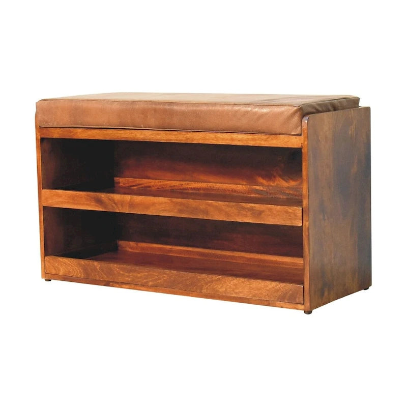 Banc de rangement pour chaussures en cuir de buffle marron, avec tiroir coulissant