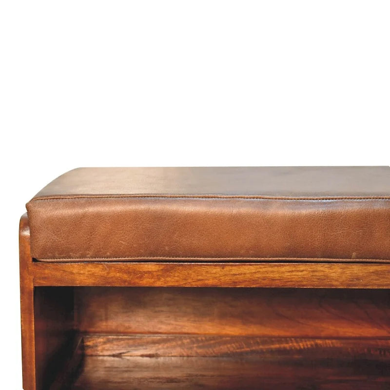 Banc de rangement pour chaussures en cuir de buffle marron, avec tiroir coulissant
