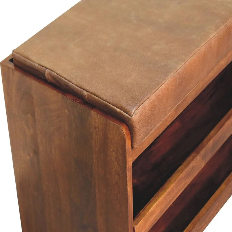 Banc de rangement pour chaussures en cuir de buffle marron, avec tiroir coulissant