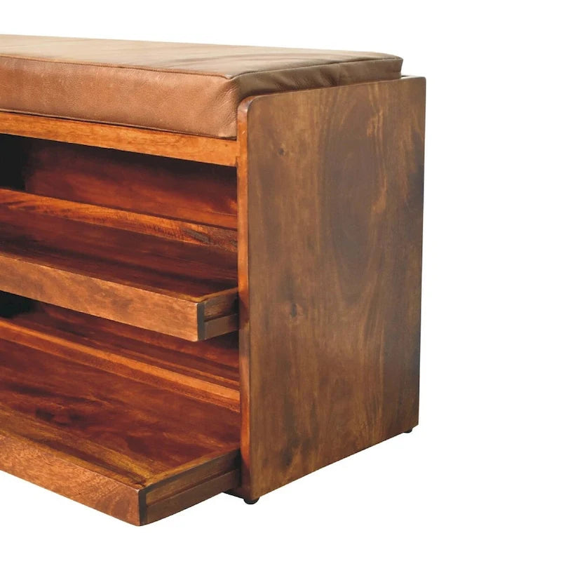 Banc de rangement pour chaussures en cuir de buffle marron, avec tiroir coulissant