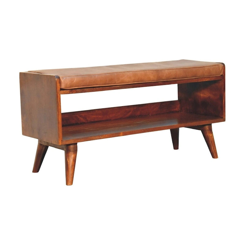 Banc en châtaignier avec coussin d'assise en cuir marron