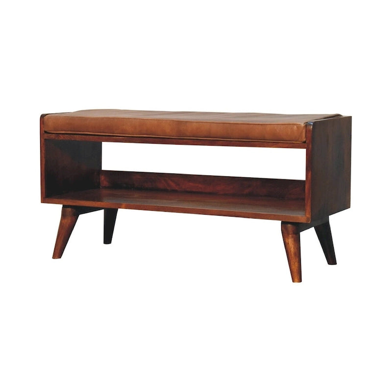 Banc en châtaignier avec coussin d'assise en cuir marron