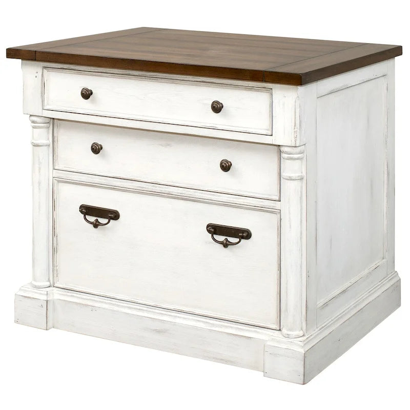 Meuble de classement latéral en bois rustique avec tiroir de classement à serrure (format légal/lettre) et armoire de rangement, blanc