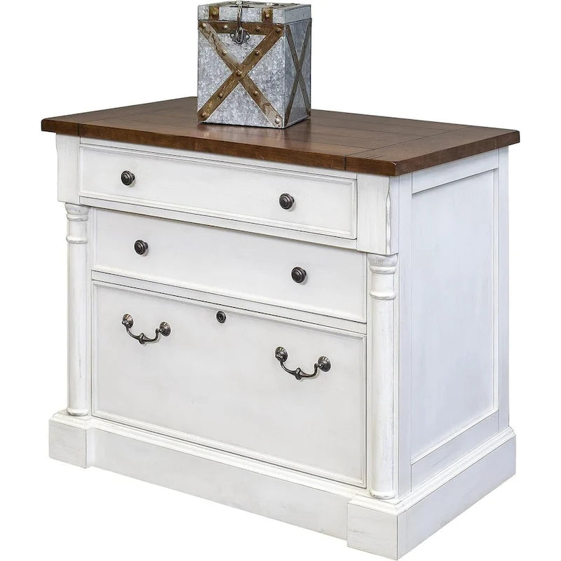 Meuble de classement latéral en bois rustique avec tiroir de classement à serrure (format légal/lettre) et armoire de rangement, blanc