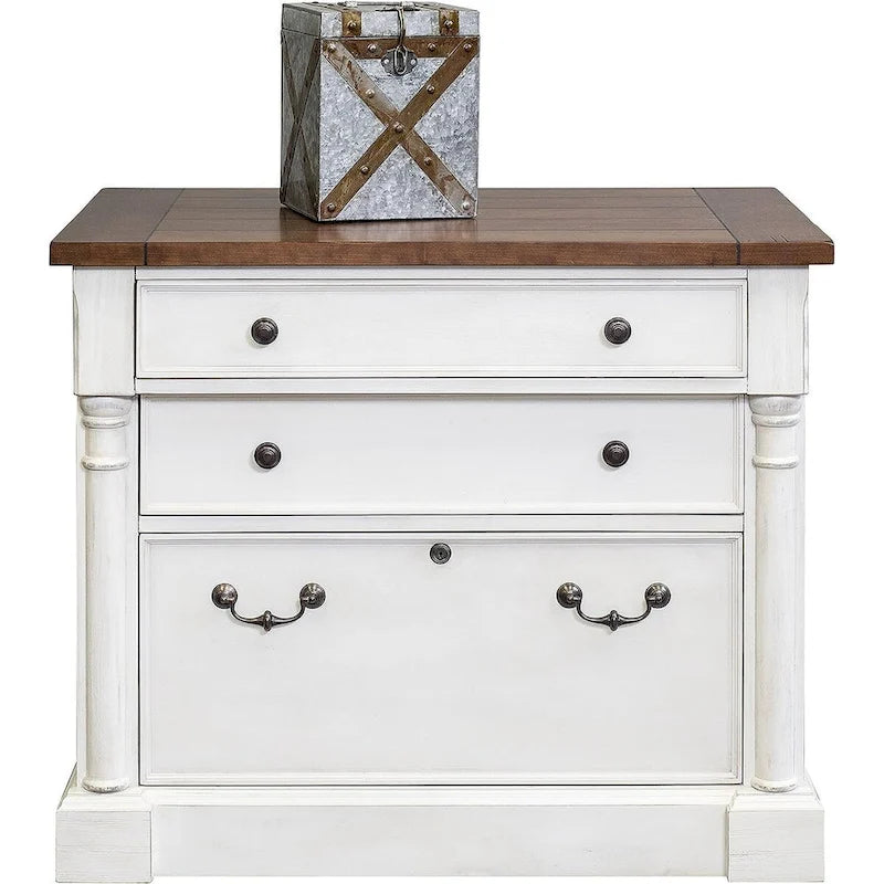 Meuble de classement latéral en bois rustique avec tiroir de classement à serrure (format légal/lettre) et armoire de rangement, blanc