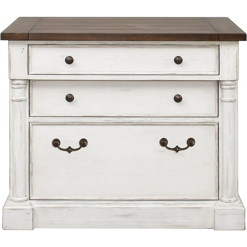 Meuble de classement latéral en bois rustique avec tiroir de classement à serrure (format légal/lettre) et armoire de rangement, blanc