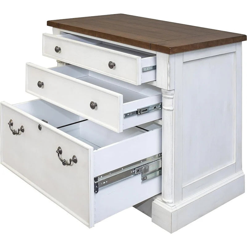 Meuble de classement latéral en bois rustique avec tiroir de classement à serrure (format légal/lettre) et armoire de rangement, blanc