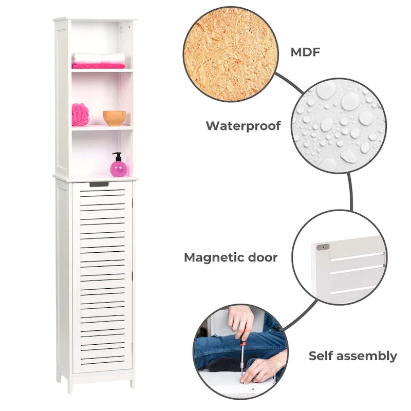 Meuble de rangement haut de salle de bain blanc Miami, armoire à linge étroite – 13 7/8L x 10.4W x 68H