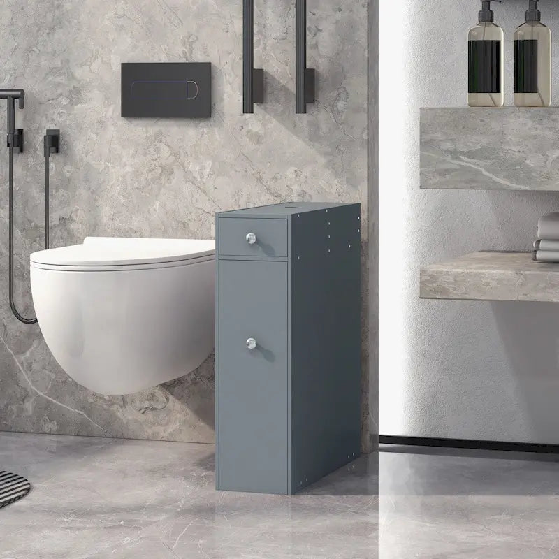 Meuble de rangement étroit gris pour salle de bain, organiseur de sol autoportant, économiseur d'espace, support de papier toilette de salle de bain avec tiroirs