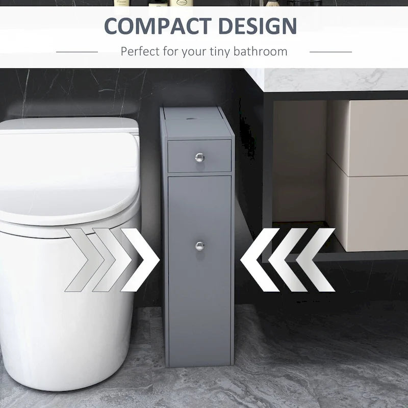 Meuble de rangement étroit gris pour salle de bain, organiseur de sol autoportant, économiseur d'espace, support de papier toilette de salle de bain avec tiroirs