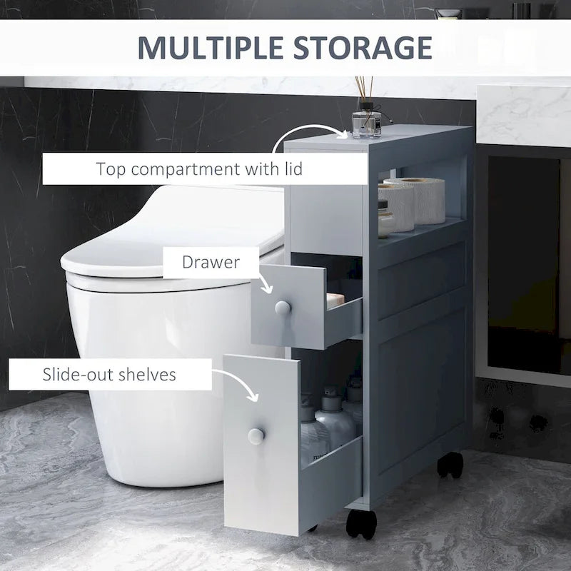 Meuble de rangement étroit gris pour salle de bain, organiseur de sol autoportant, économiseur d'espace, support de papier toilette de salle de bain avec tiroirs