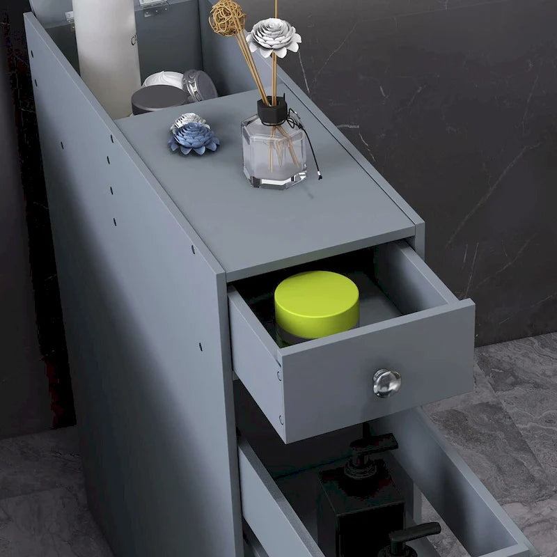 Meuble de rangement étroit gris pour salle de bain, organiseur de sol autoportant, économiseur d'espace, support de papier toilette de salle de bain avec tiroirs