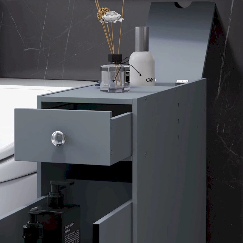 Meuble de rangement étroit gris pour salle de bain, organiseur de sol autoportant, économiseur d'espace, support de papier toilette de salle de bain avec tiroirs