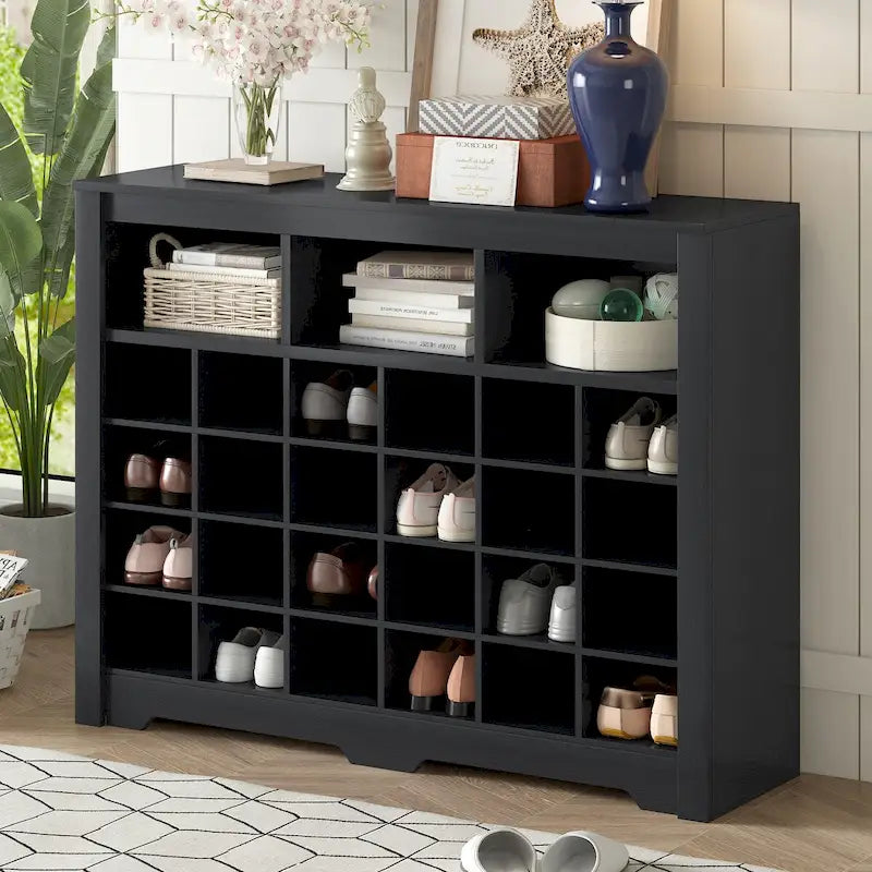 Meuble de rangement 24 compartiments pour chaussures au design élégant, meuble à chaussures moderne avec base incurvée, buffet polyvalent de haute qualité pour l'entrée